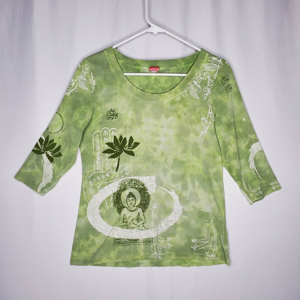 Glima Top Women Large Petite Green Asian Tie-Dye 3/4 90s Grunge FLAW*Holes